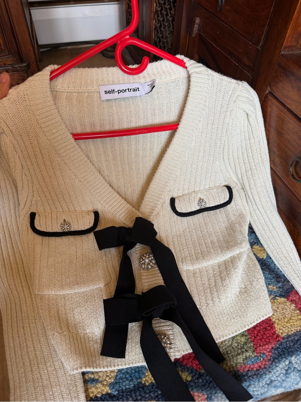 NWOT Self-Portrait Cream Ribbed V‑Neck Cardigan with Black Trim and Bows